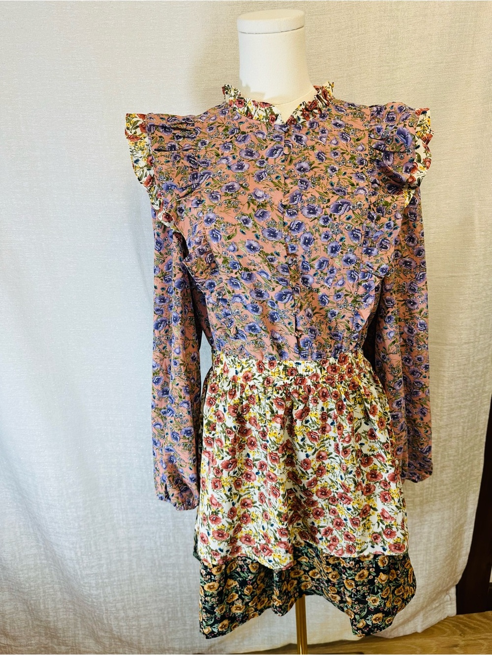 Free the Roses Boho, Cottagecore, Mauve, Cream & Green Accent Ruffle Mini Dress